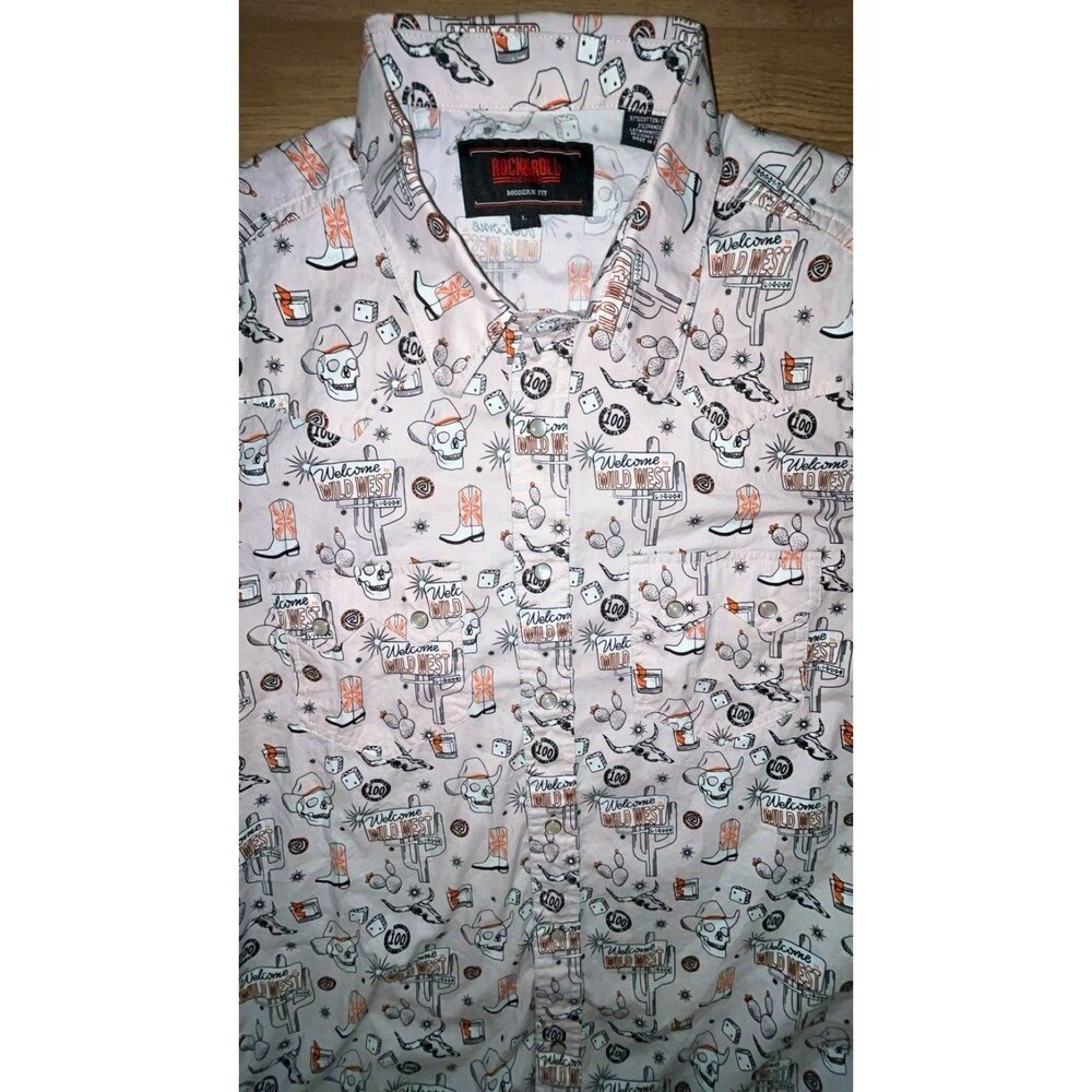 Men’s Rock & Roll Skeleton Wild West Western Pearl Button Down Shirt Large SS - Picture 3 of 7
